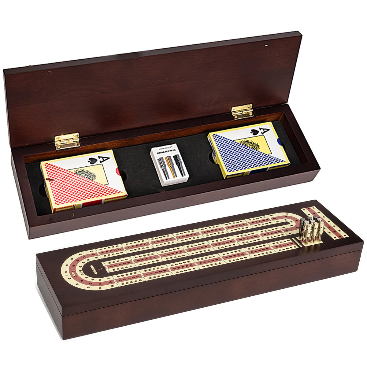 ESENHARBER cribbage board with magnetic lock secures contents for travel.