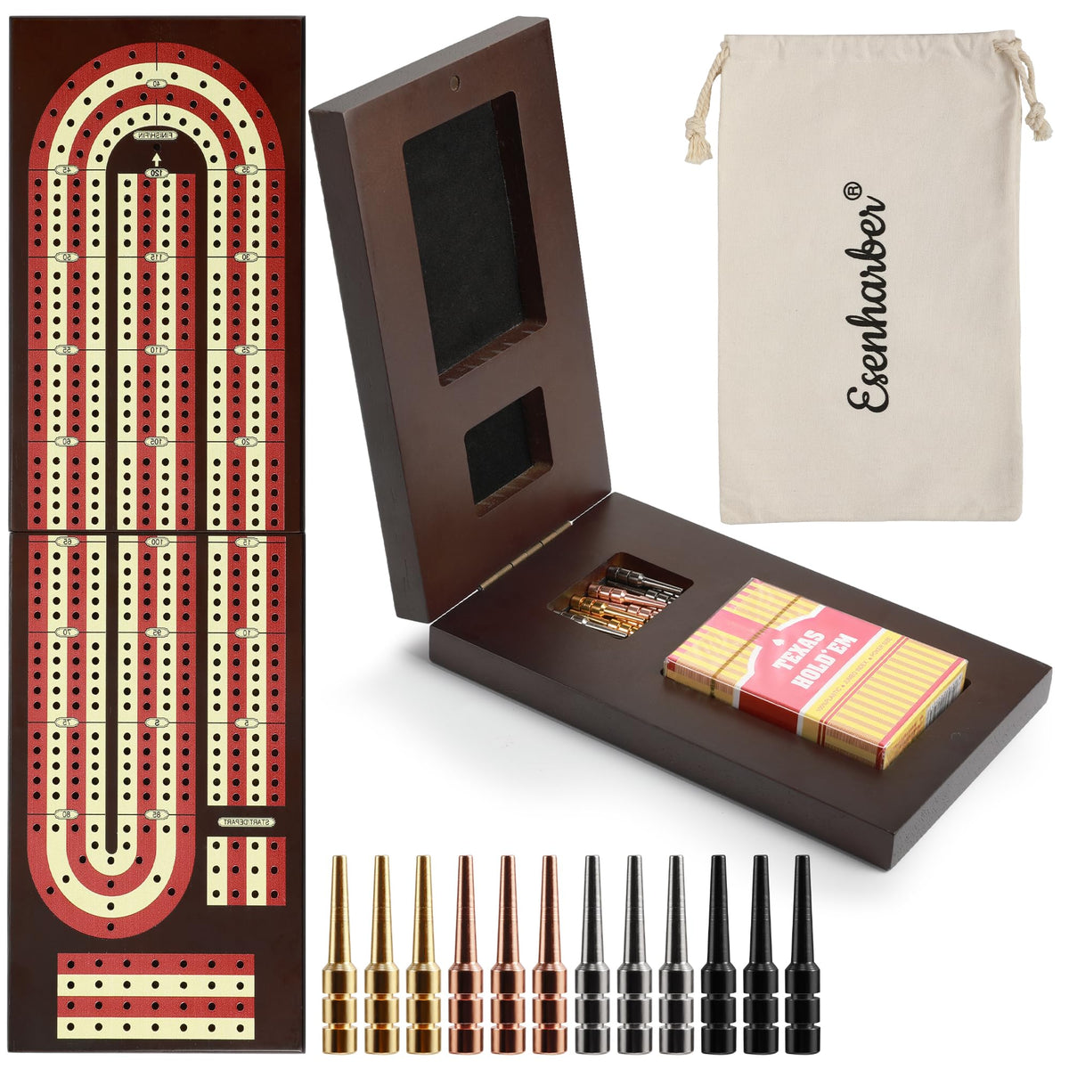 ESENHARBER foldable 4-track cribbage board ready for travel and casual play
