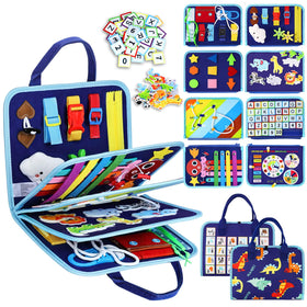 Esjay Busy Board blue dinosaur cover promotes early fine motor skills on the go.
