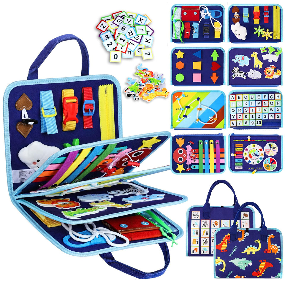 Esjay Busy Board blue dinosaur cover promotes early fine motor skills on the go.