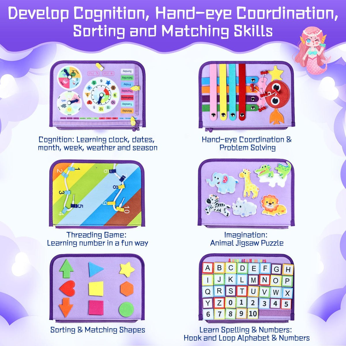 Esjay Busy Board button and clock page supports hand-eye coordination.