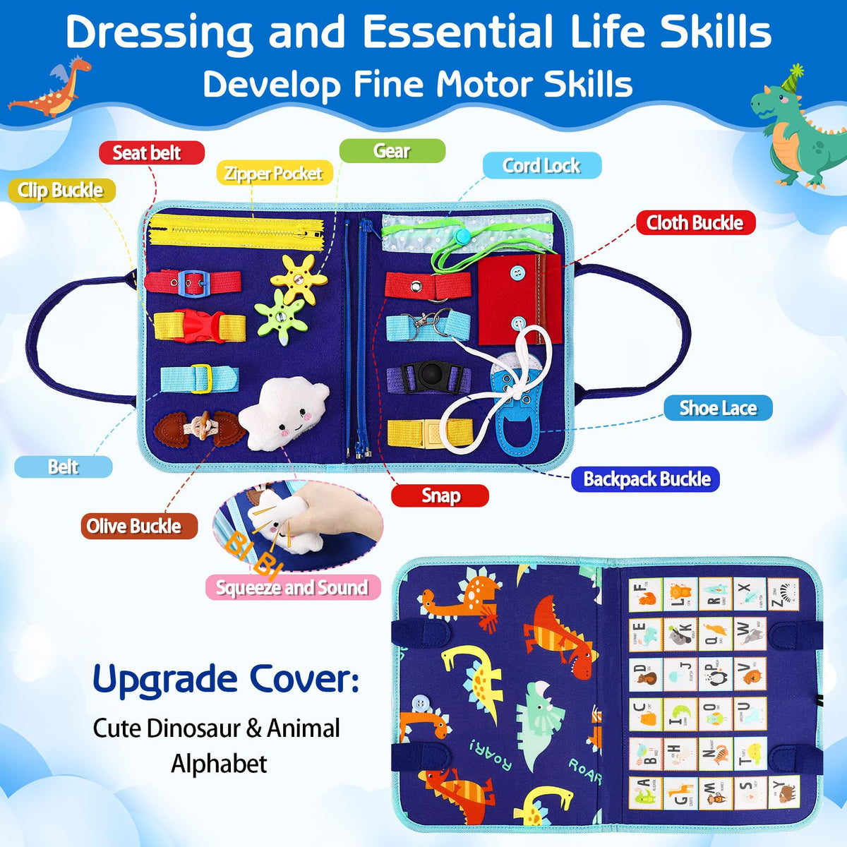Esjay Busy Board zipper page enhances hand strength and coordination during travel.