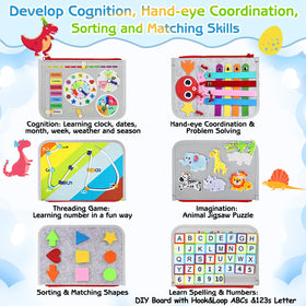 Esjay busy board zipper and shoelace pages promote practical dressing skills during play.