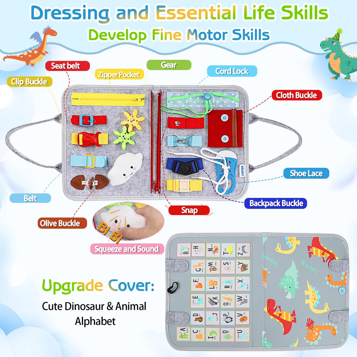Esjay busy board eight pages show varied activities to boost focus and problem-solving.