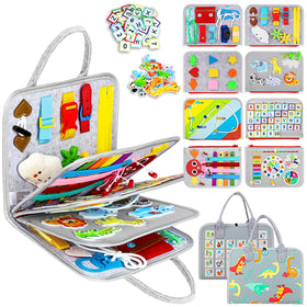 Esjay dinosaur busy board cover with soft fabrics for toddler tactile exploration.