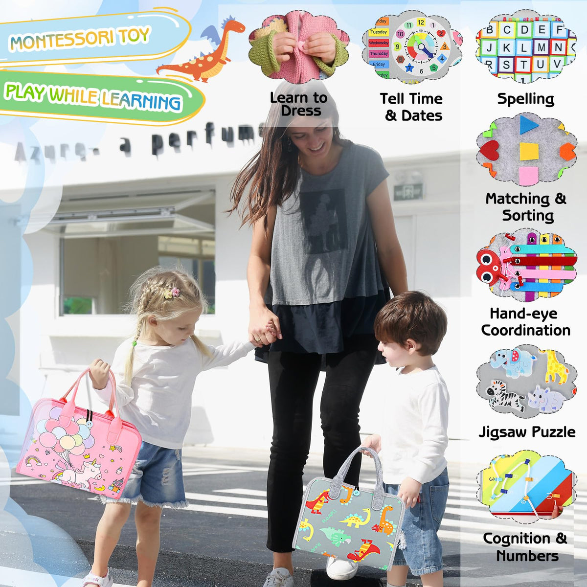 Esjay dinosaur busy board with portable handle for on-the-go play.