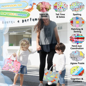 Esjay dinosaur busy board with portable handle for on-the-go play.