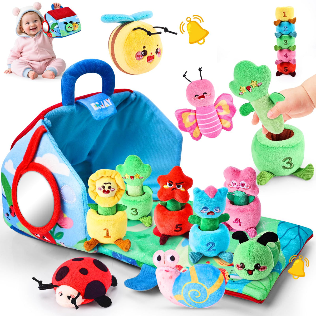 Esjay Montessori garden bugs playset with soft plush figures for sensory exploration