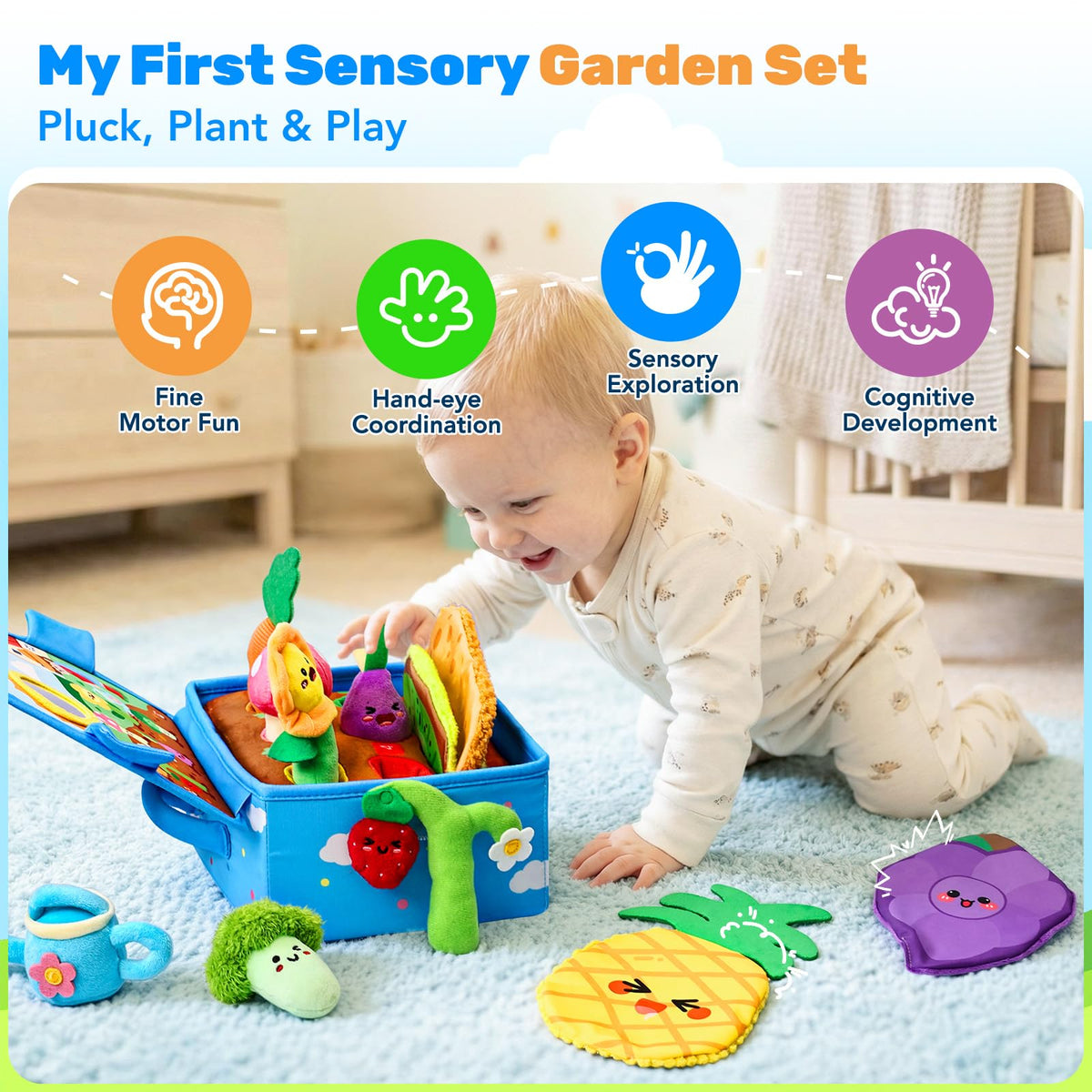 Esjay garden fruit crinkle tissues stimulate textures and auditory cues for curious babies