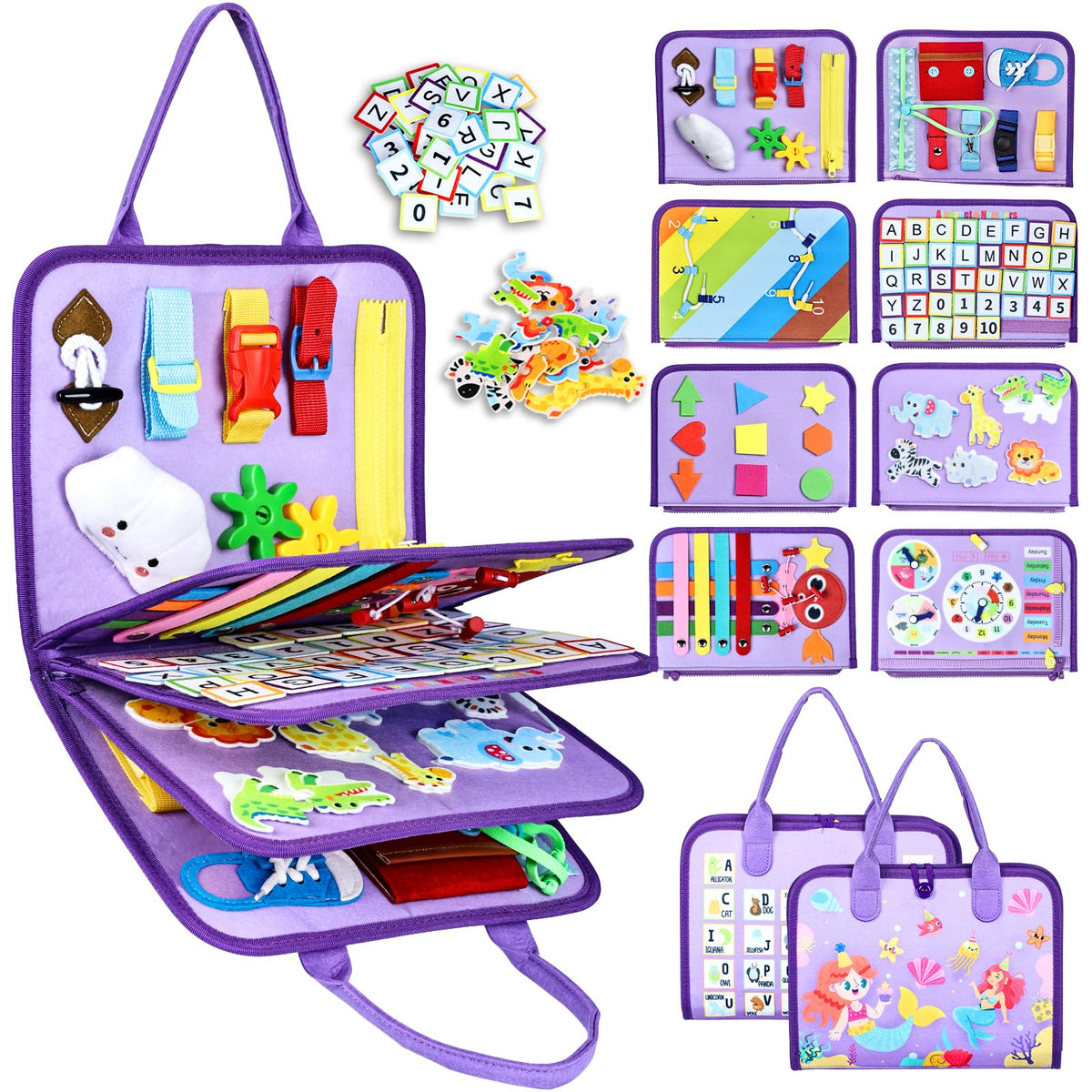 Esjay Toddler Busy Board showing eight pages for sensory play and early learning.