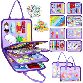 Esjay Toddler Busy Board showing eight pages for sensory play and early learning.