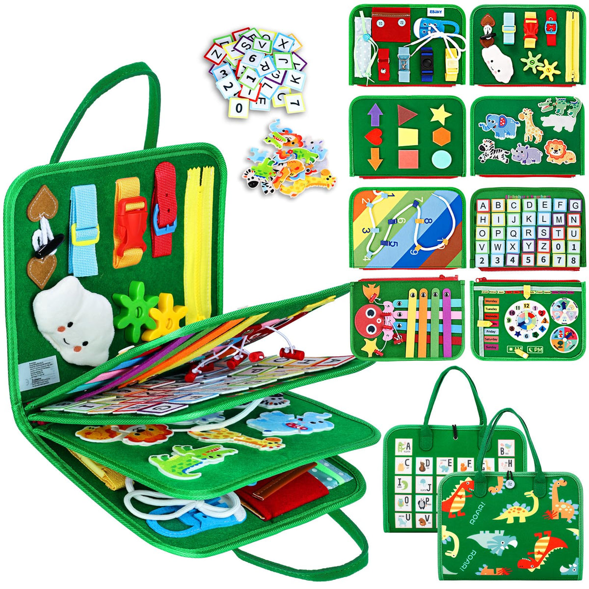 Esjay Busy Board with Dino Pages boosts tactile exploration for toddlers.