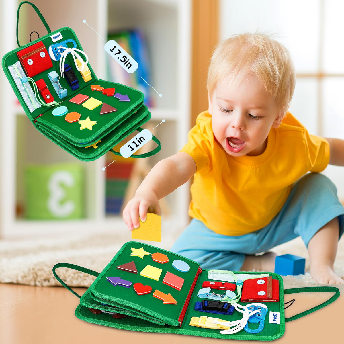 Esjay Busy Board threading numbers page encourages counting and coordination.