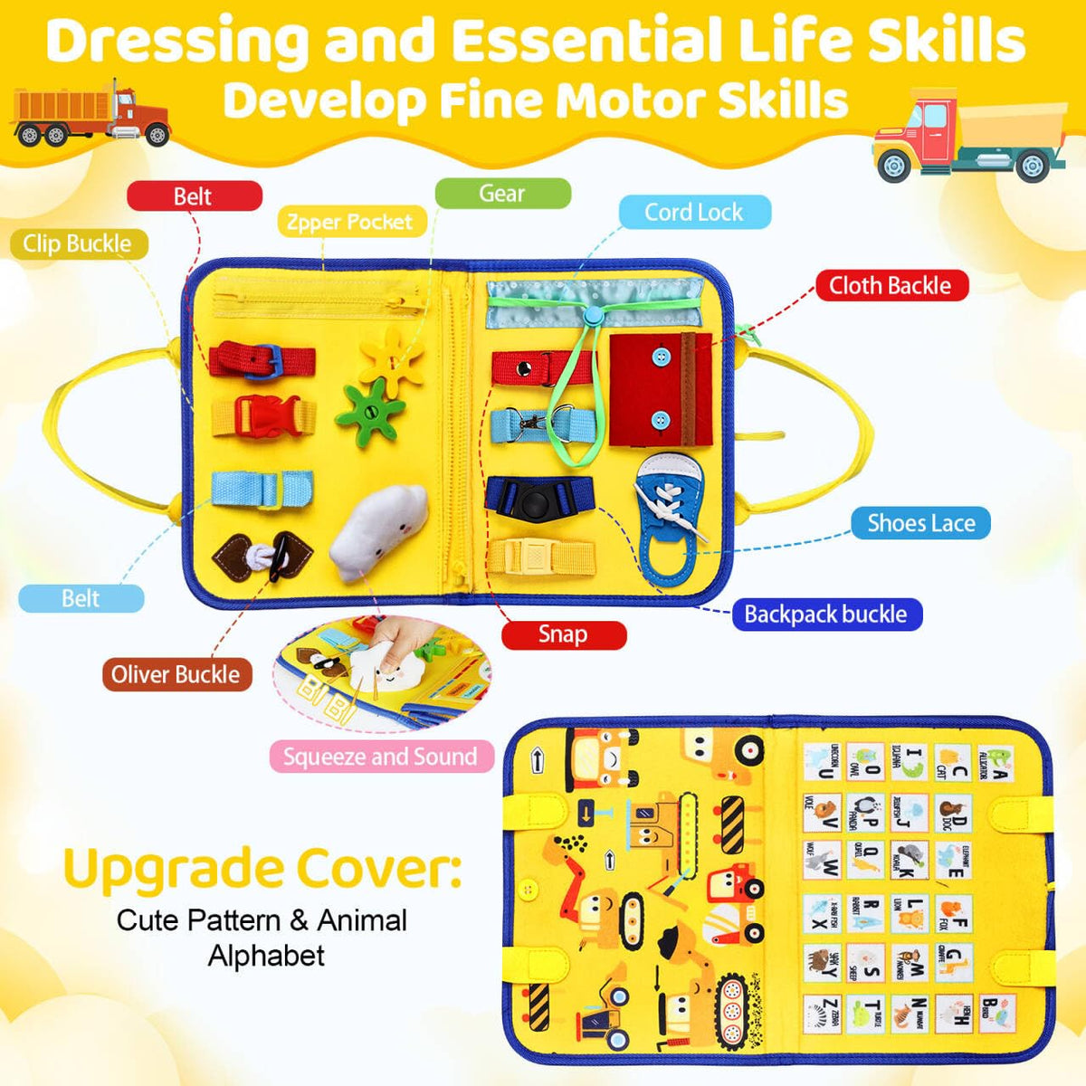 Esjay busy board zipper page helps develop hand-eye coordination on the go