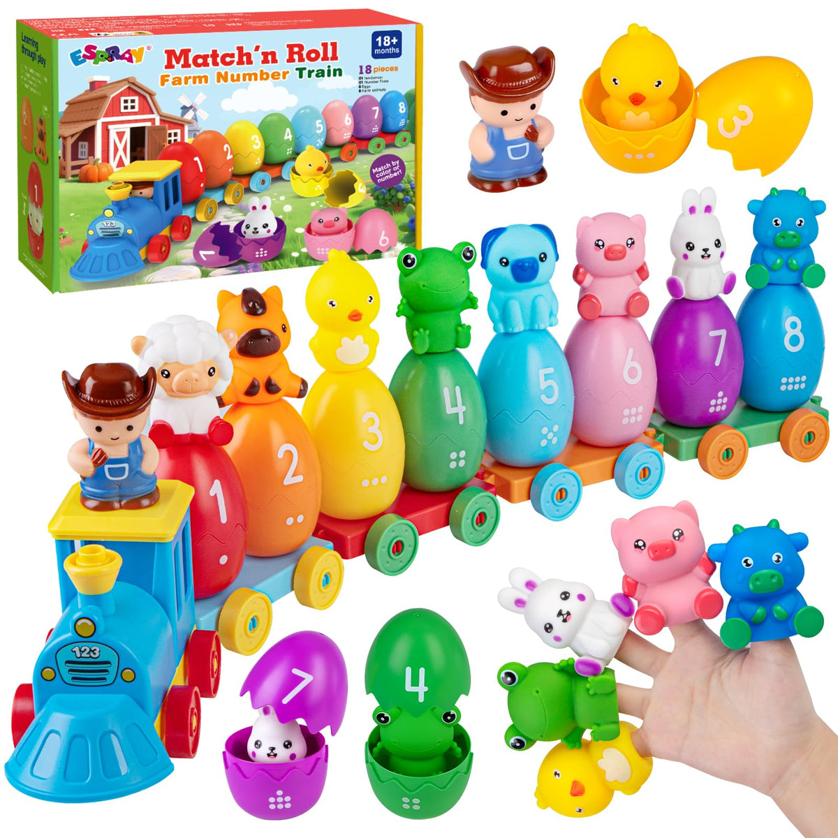 Espray toddler farm train set with animals aids color recognition and counting skills.