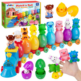 Espray toddler farm train set with animals aids color recognition and counting skills.