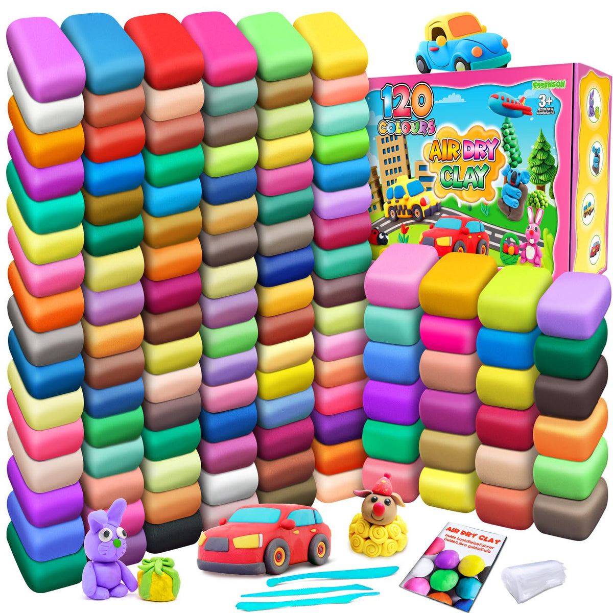 ESSENSON Air Dry Clay 120 colors pack enables limitless kid-friendly crafting and color mixing.