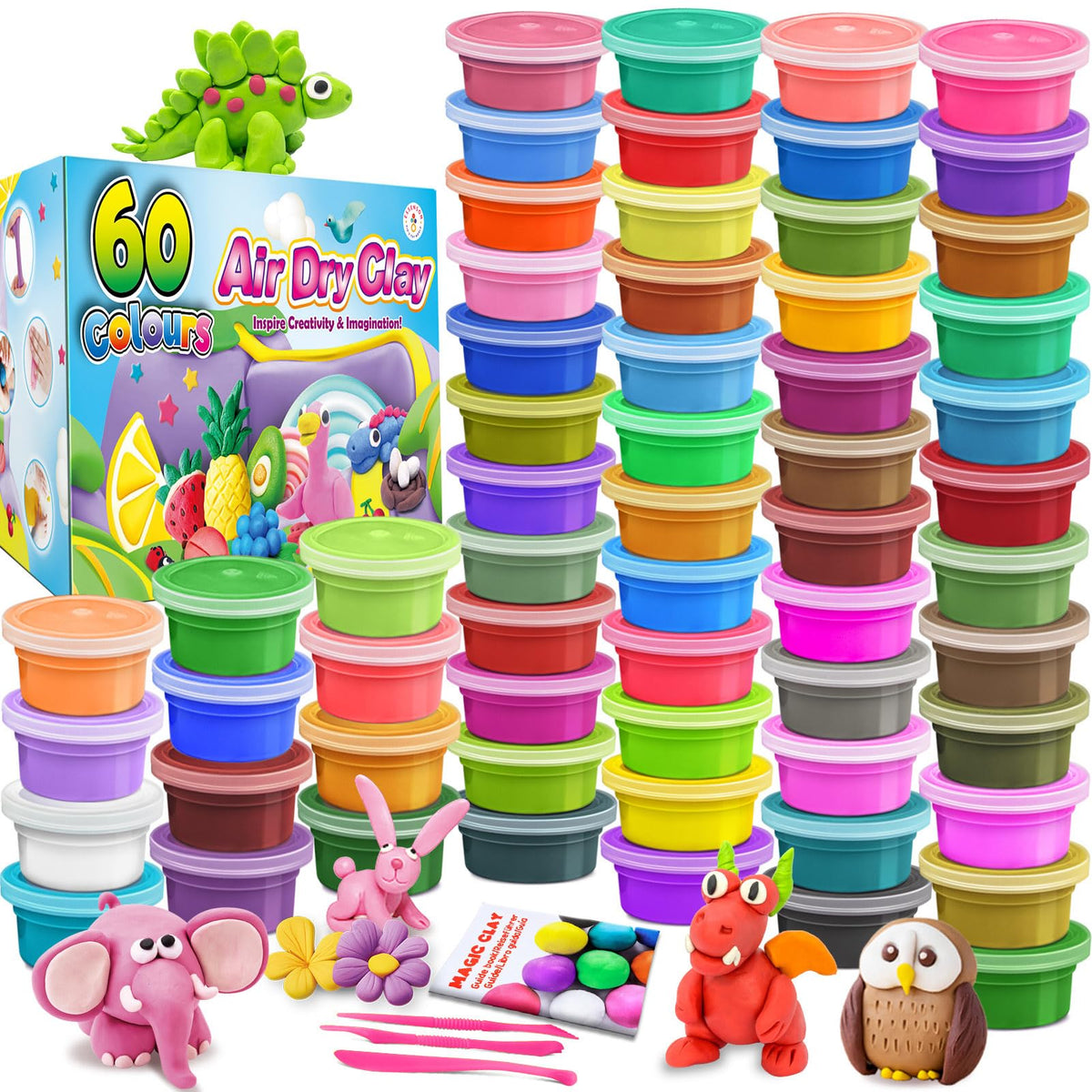 Essenson air dry clay 60 colors pack for vibrant kids' art projects and color experimentation.