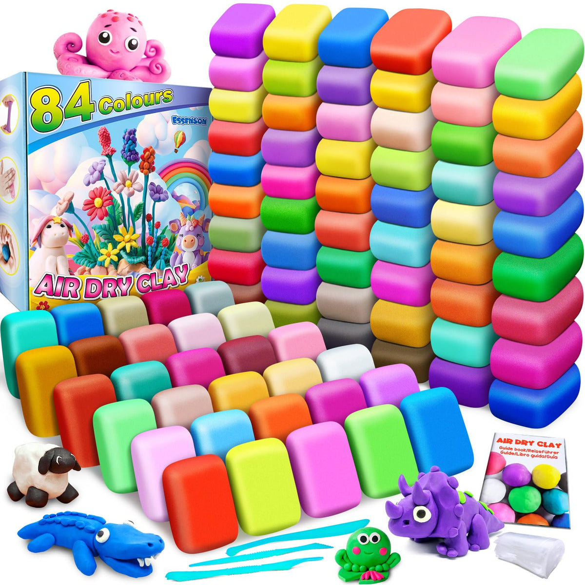 ESSENSON Magic Clay 84 colors swatches for vibrant, mixable shades in kids’ crafts.