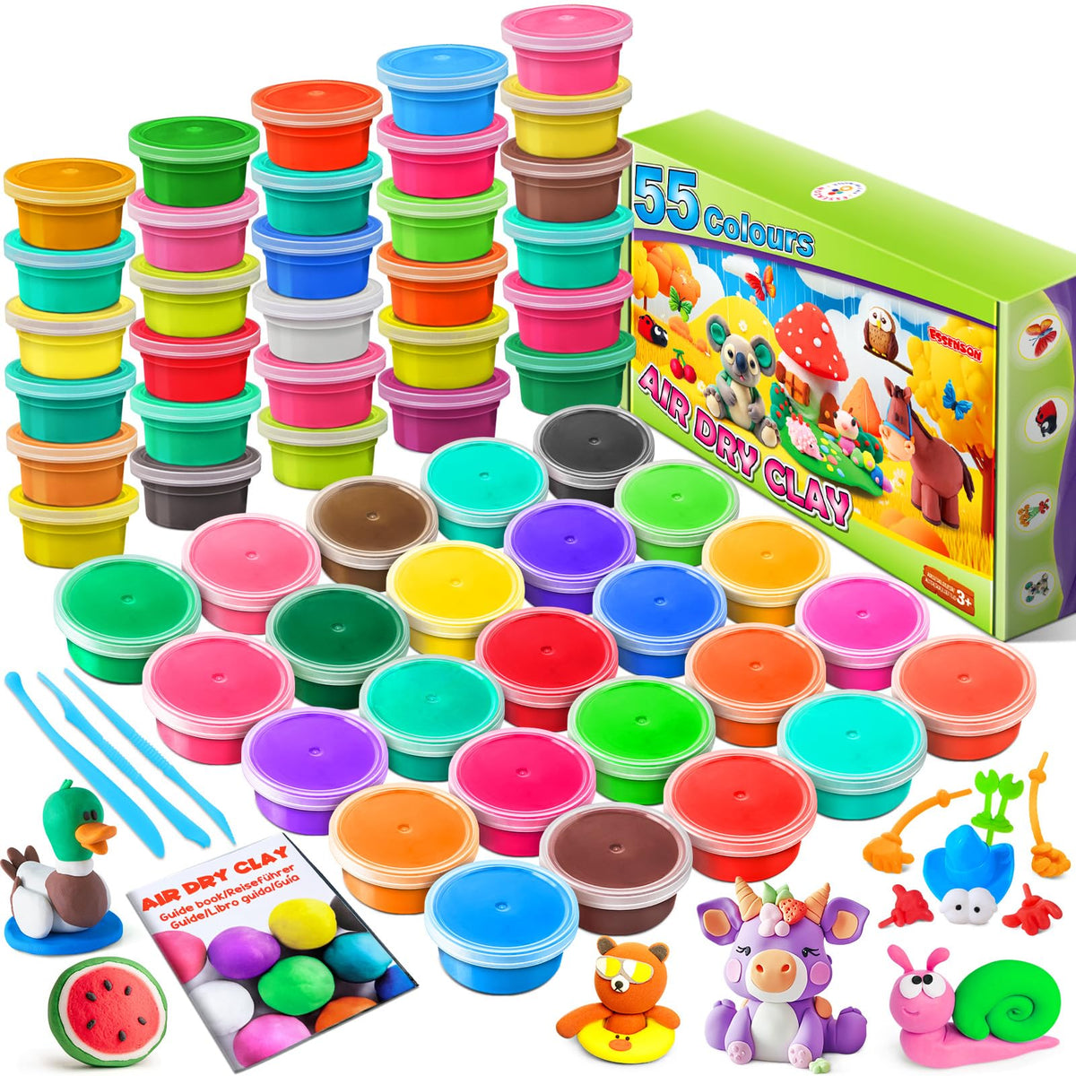 Essenson modeling clay kit with 55 colors and tools for versatile projects.