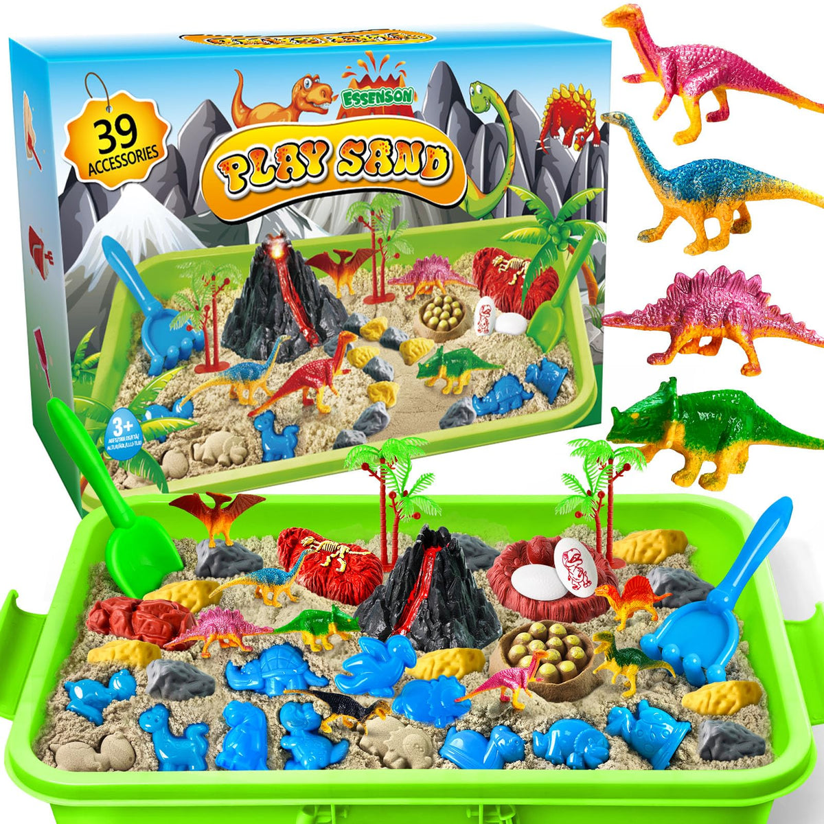 ESSENSON sensory bin with dinosaurs kit and sand encourages imaginative play.