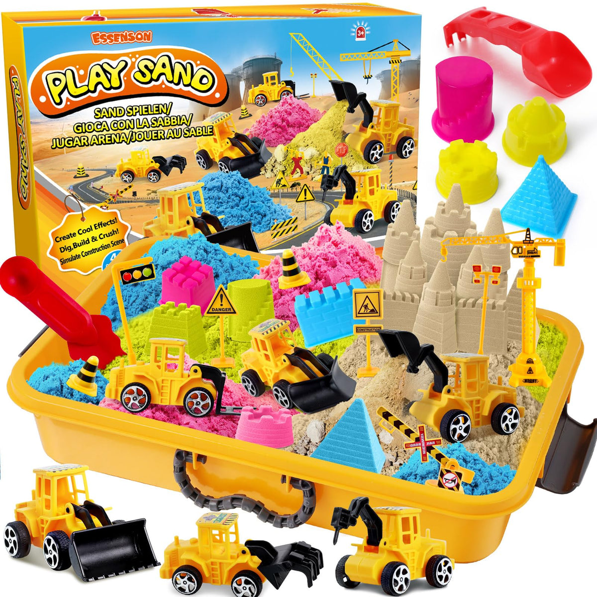 Essenson sensory bin with sand and trucks for imaginative play and fine motor practice.