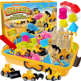 Essenson sensory bin with sand and trucks for imaginative play and fine motor practice.