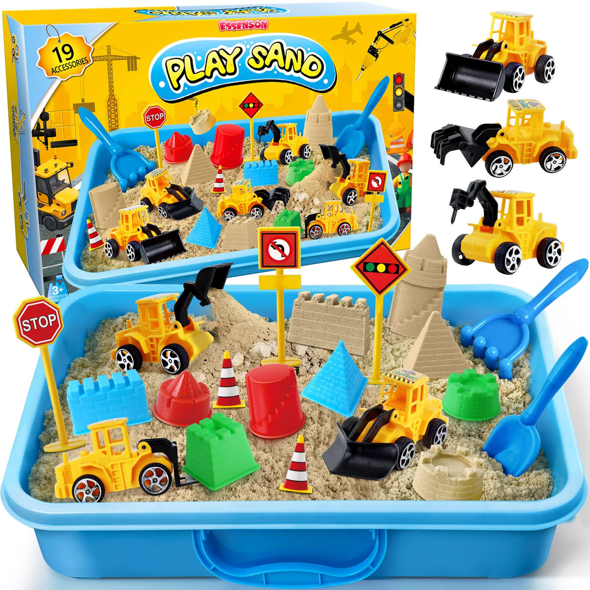ESSENSON sensory bin with sand and trucks for hands-on imaginative play.