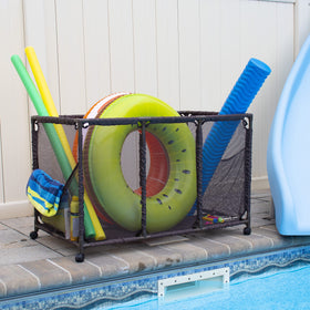 Essentially Yours brown pool storage bin offers kid-friendly reach for quick access