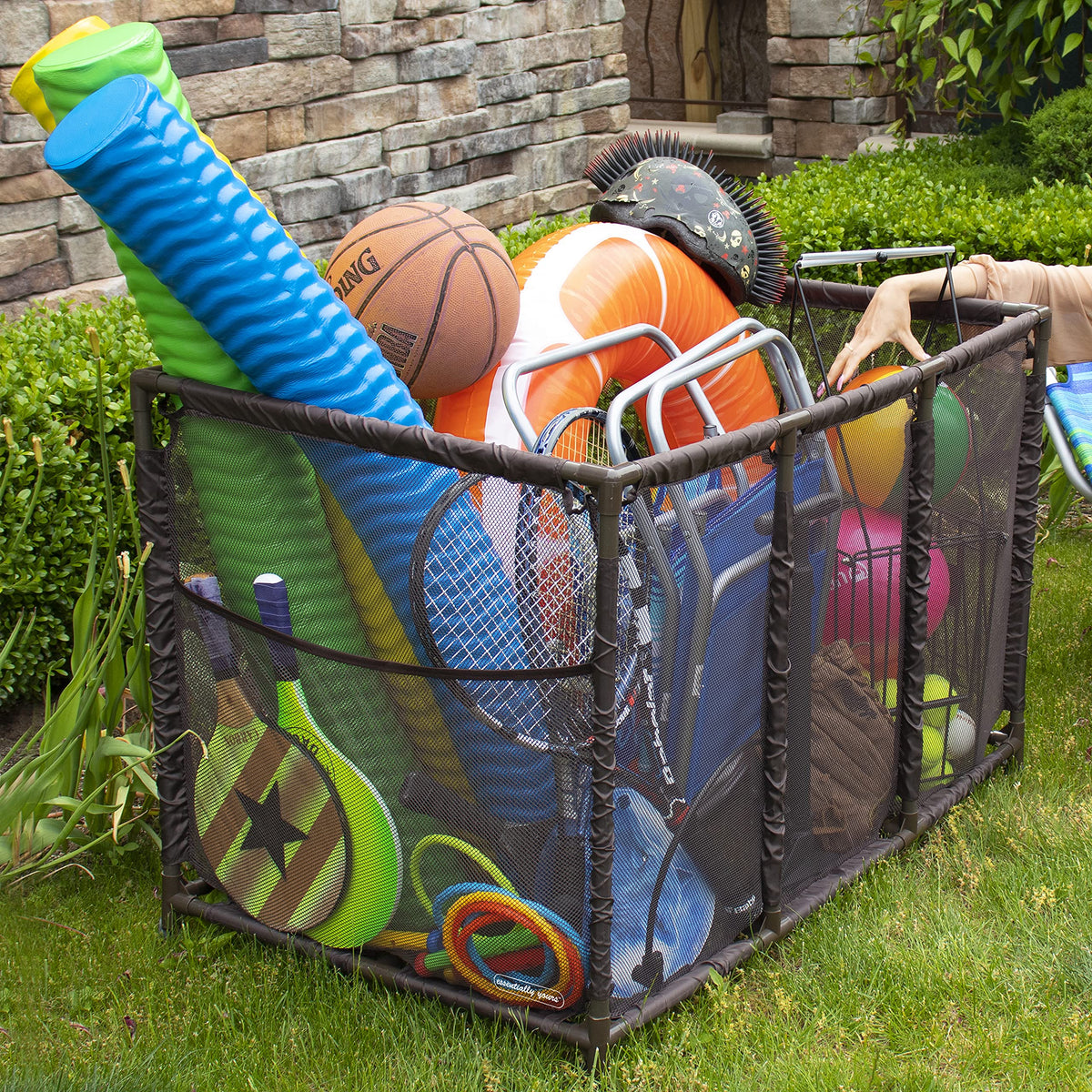 Essentially Yours Pool Noodles Holder features lockable wheels for stability