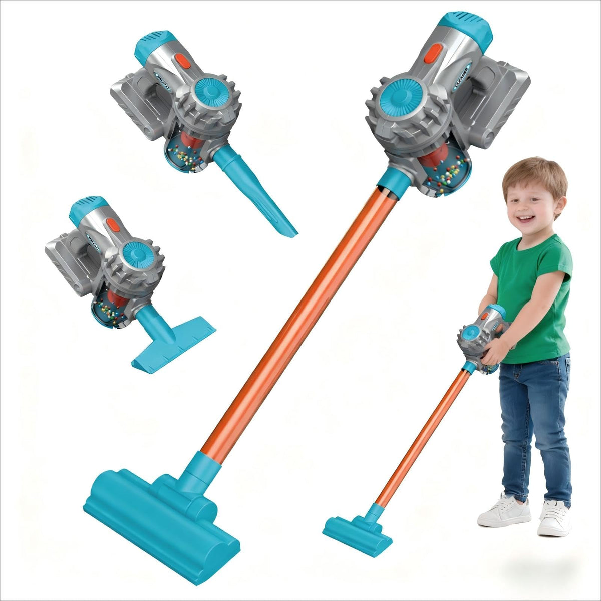 Essovee kids vacuum toy blue front view showing real suction for pretend play