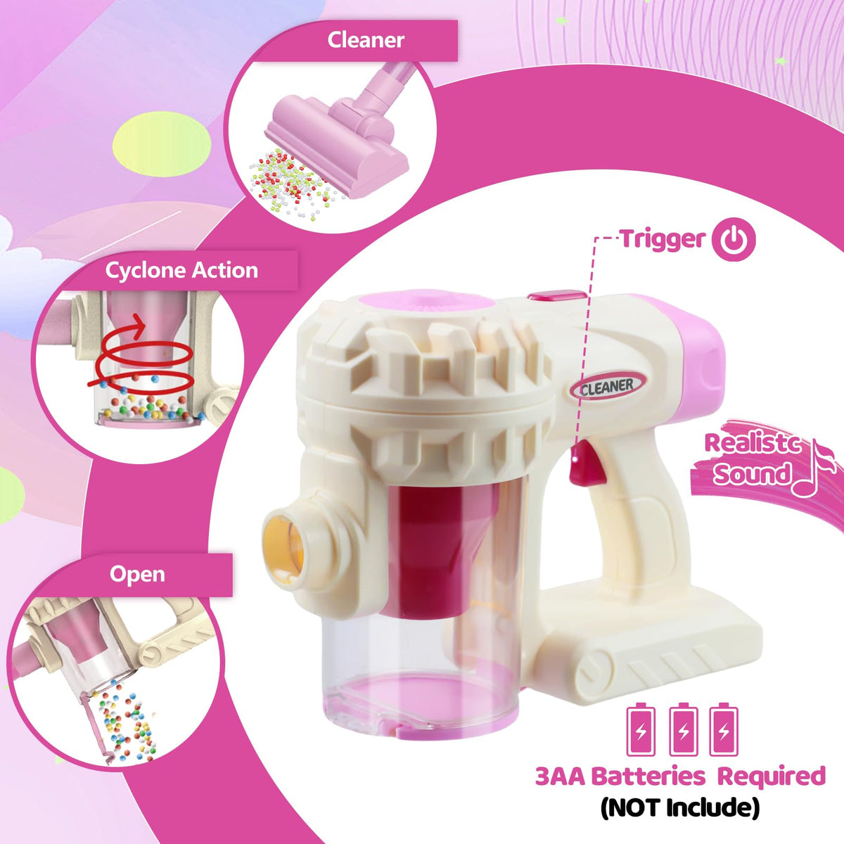 Essovee toddler vacuum toy pink wide nozzle for quick cleanups