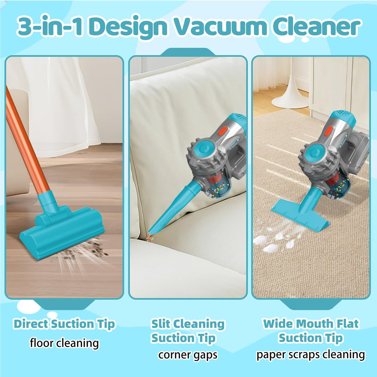 Essovee vacuum toy in use showing foam balls being picked up for imaginative role play