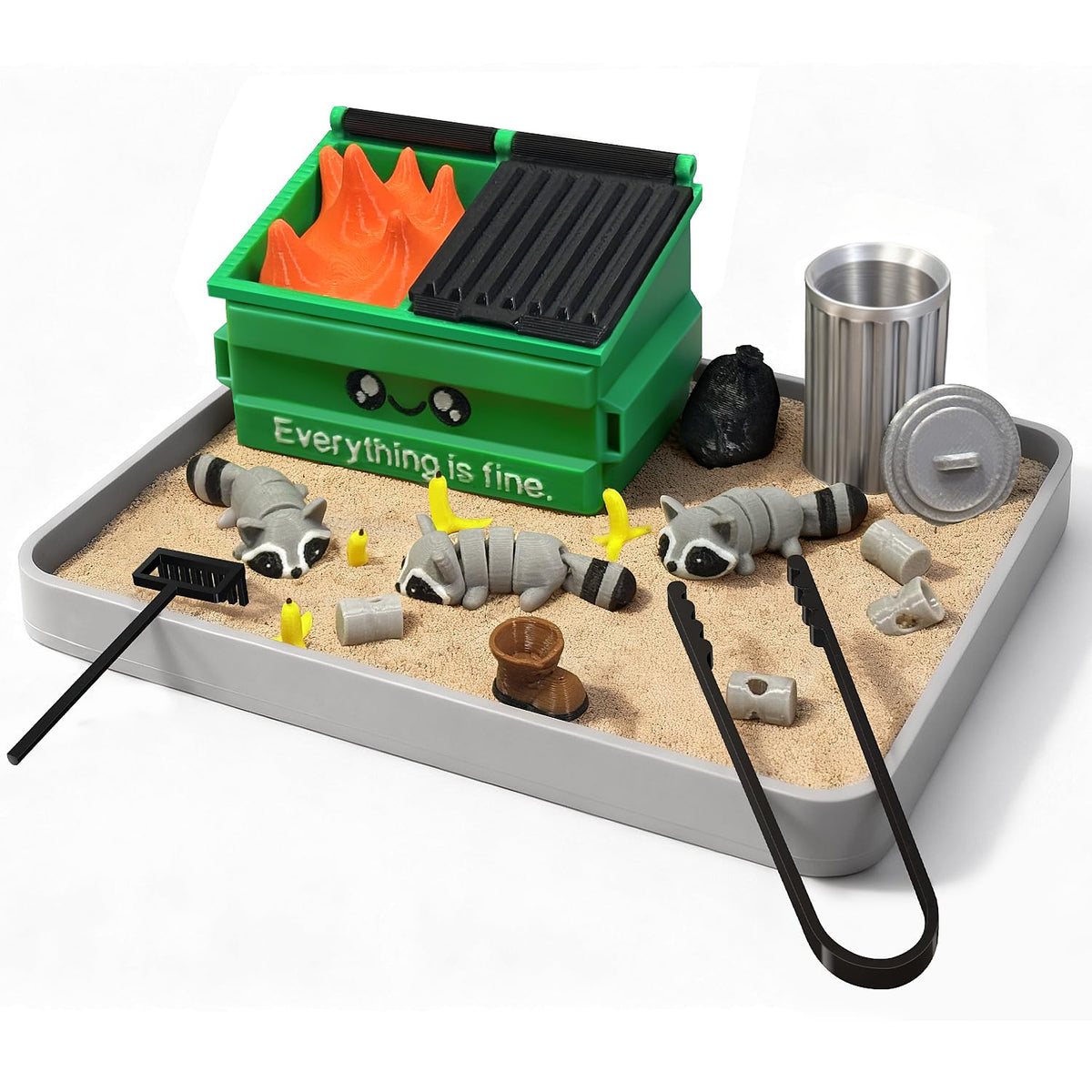 Estairkas Dumpster Fire Zen Garden desktop scene offers lighthearted stress relief at work
