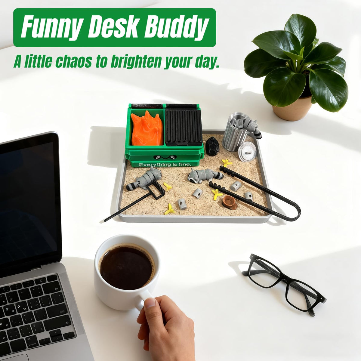 Estairkas Dumpster Fire Zen Garden mini-dumpster is perfect for small desks