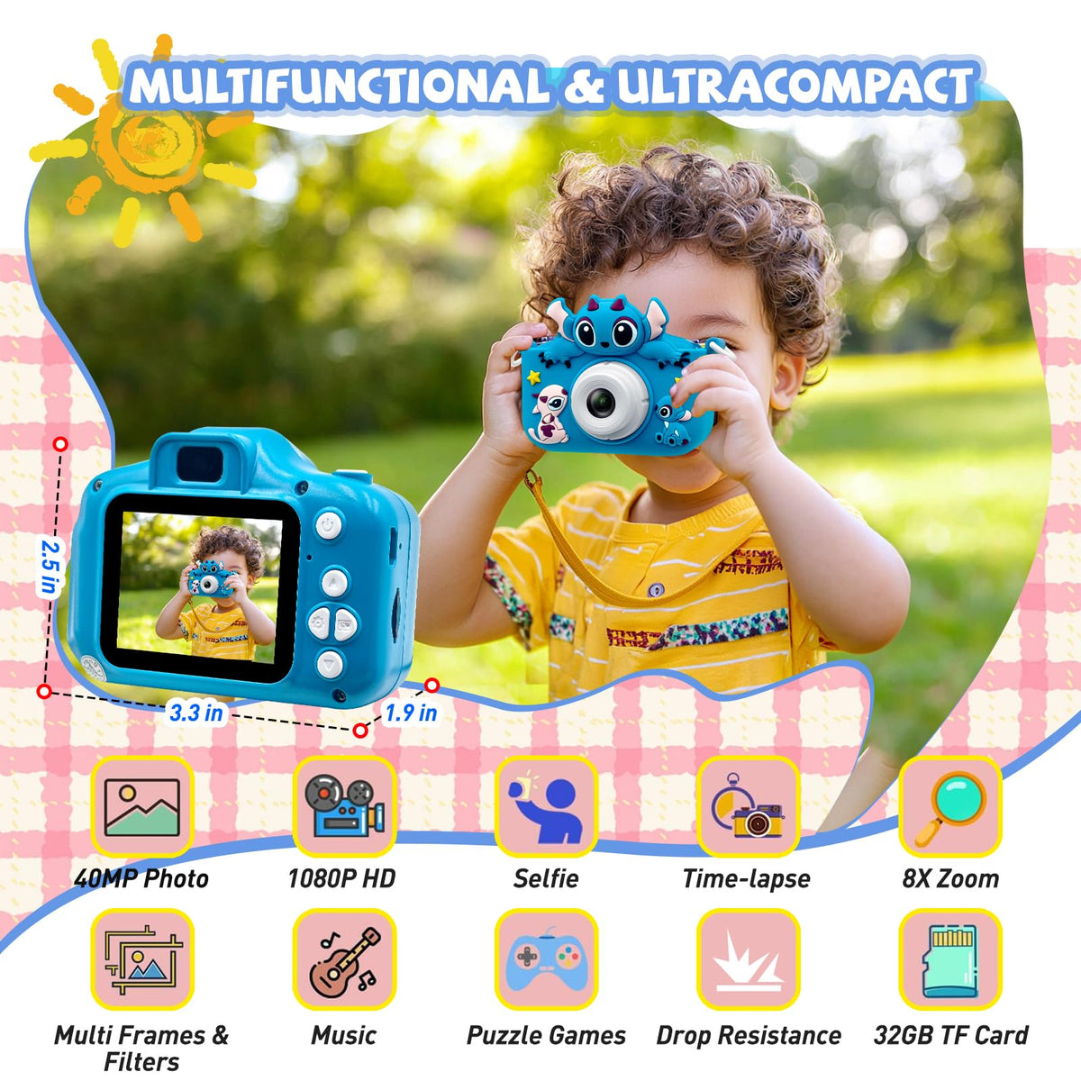 ESTFUN Kids Camera 1080P video capture for clear action moments