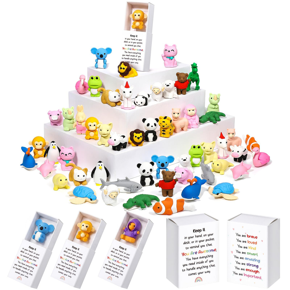 Estune animal erasers 60-piece package with colorful animals, ideal for classroom rewards and learning.