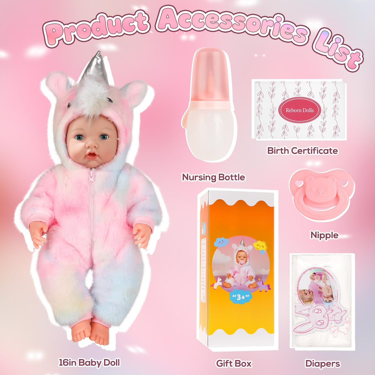 Eterfun doll set includes bottle, pacifier, and diaper for realistic role-play