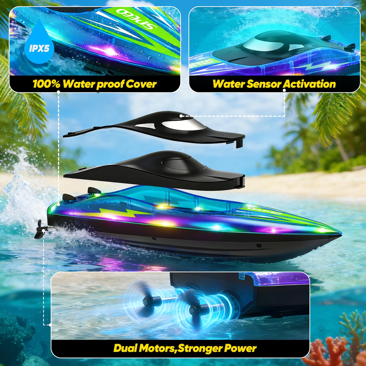 Eterfun RC boat uses 2.4GHz remote for up to 40 meters of control.
