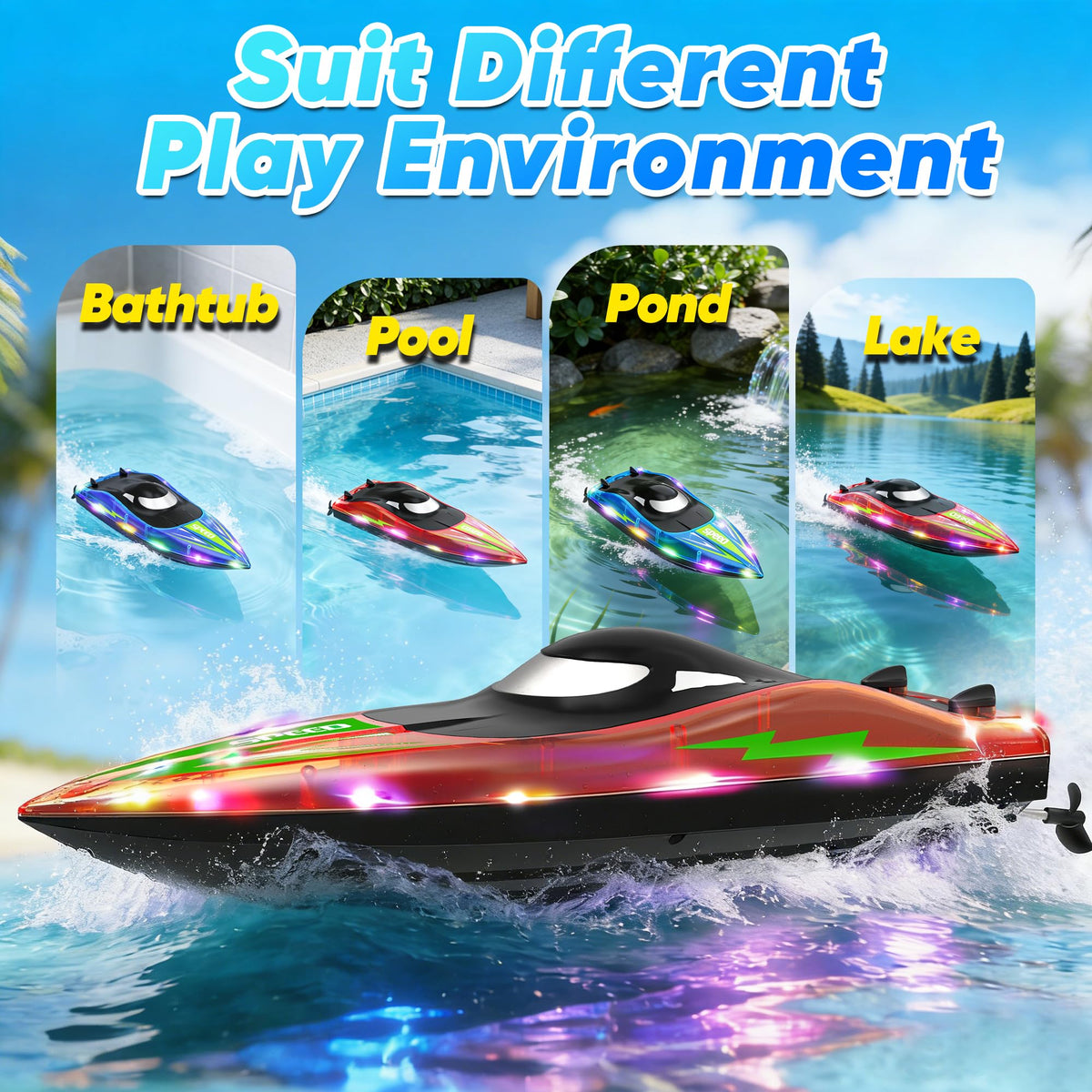 Eterfun RC boat includes four rechargeable batteries for longer sessions.