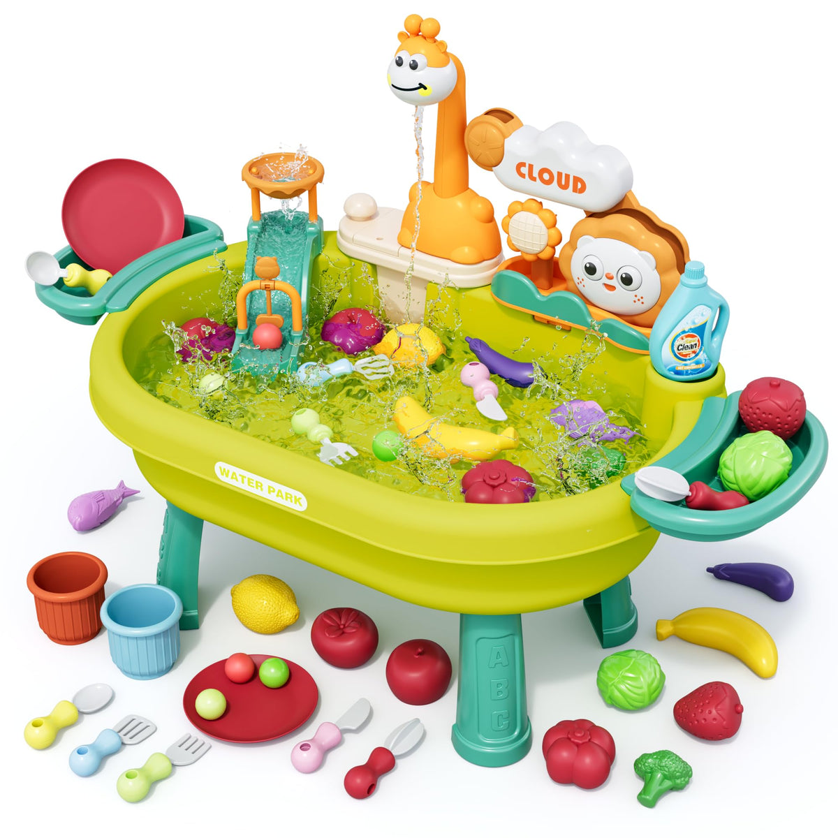 Eterfun sand and water table with giraffe faucet enables endless imaginative play and realistic water flow.