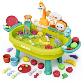Eterfun sand and water table with giraffe faucet enables endless imaginative play and realistic water flow.
