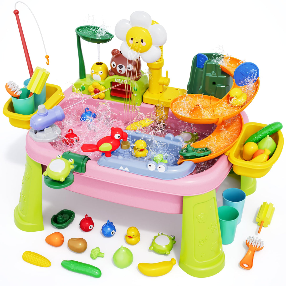 Eterfun sunflower faucet with 360° rotation for continuous water flow during play.