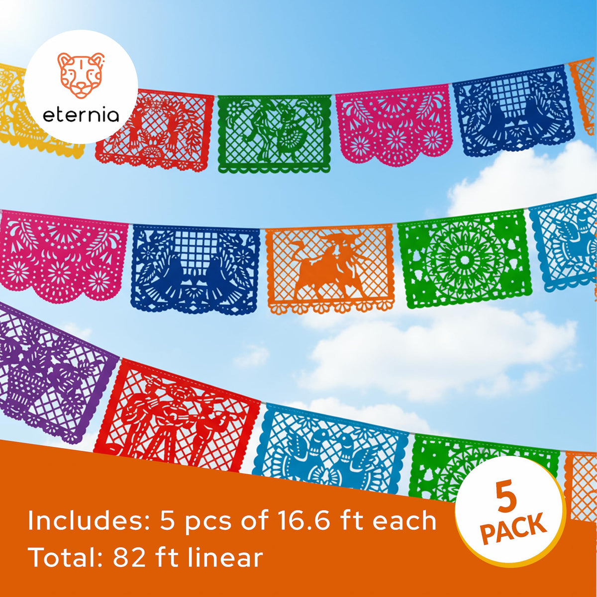 Eternia Papel Picado banner flag length 16.6 feet emphasizes ample festive space