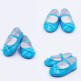 Etistta blue glitter doll shoes with bow for 18-inch dolls