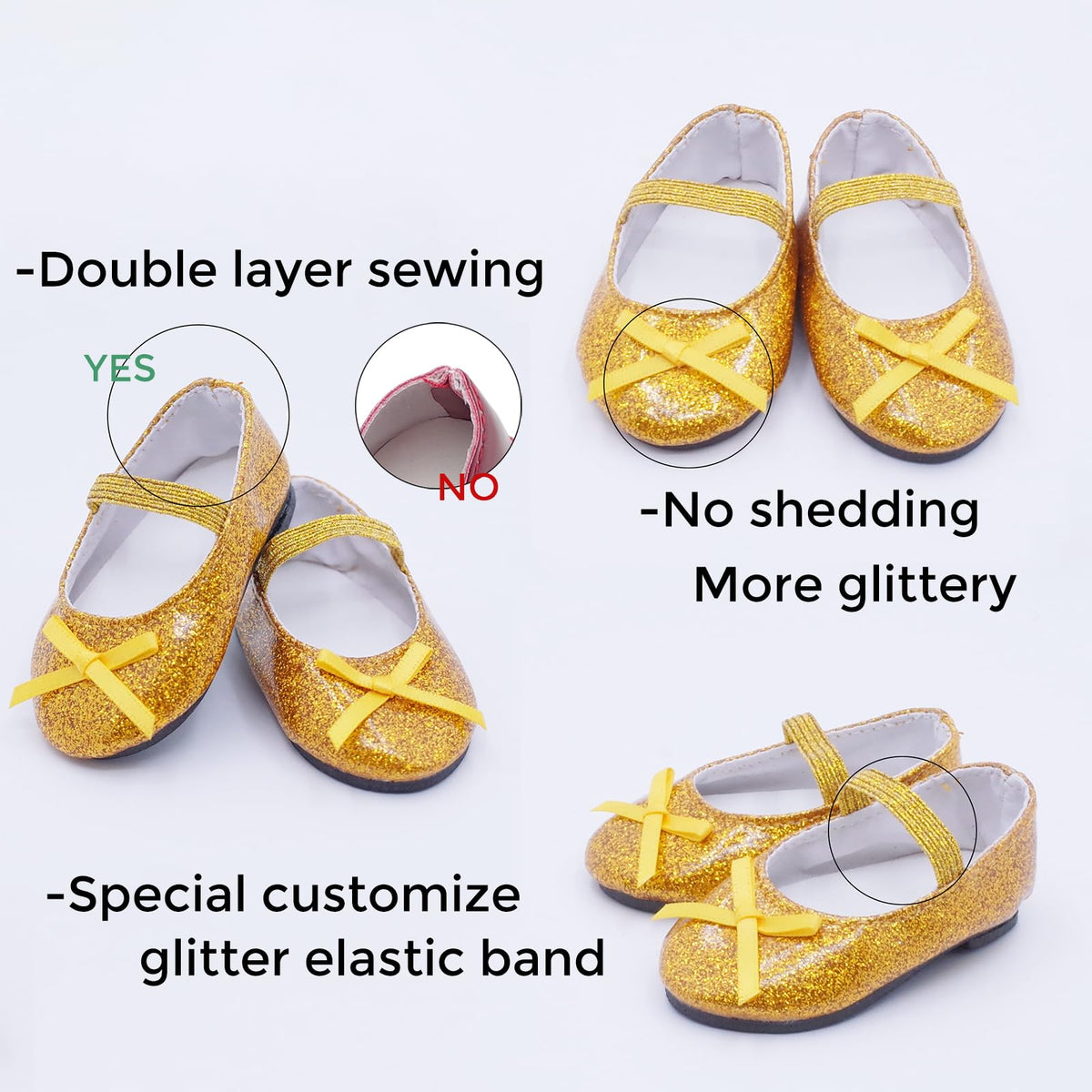 Etistta golden glitter doll shoes with bow for 18-inch dolls