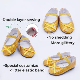 Etistta golden glitter doll shoes with bow for 18-inch dolls