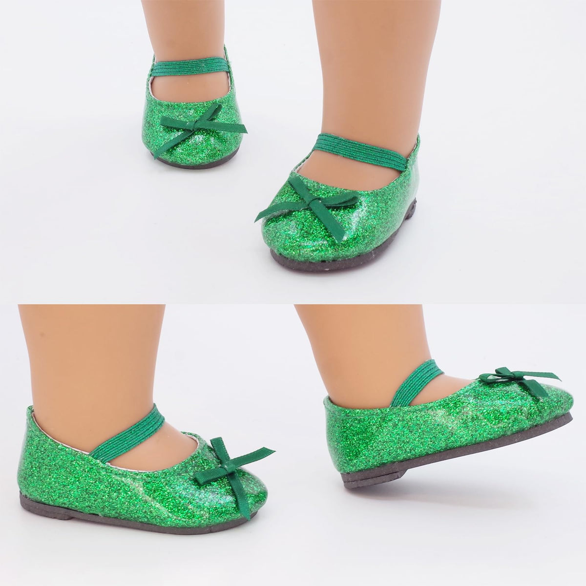 Etistta green glitter doll shoes with bow for 18-inch dolls