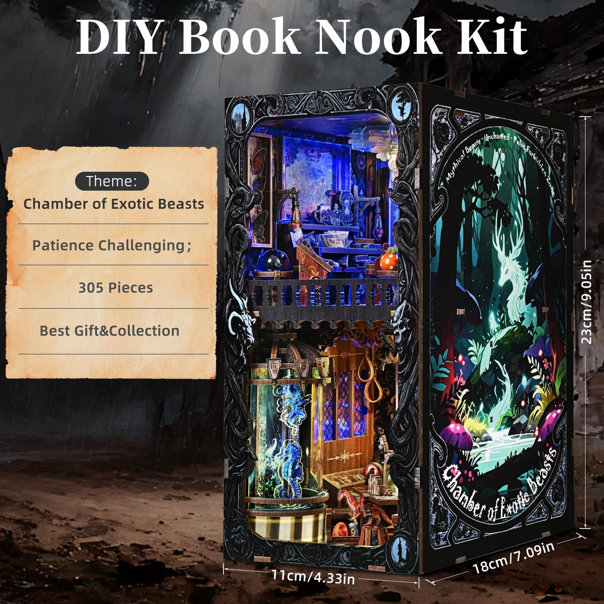 ETKVR Book Nook Kit elves in a mystical setting enhances bookshelf charm.