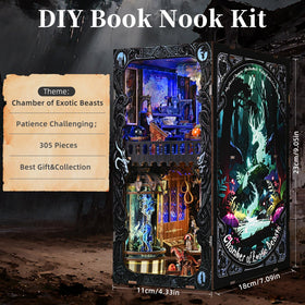 ETKVR Book Nook Kit elves in a mystical setting enhances bookshelf charm.